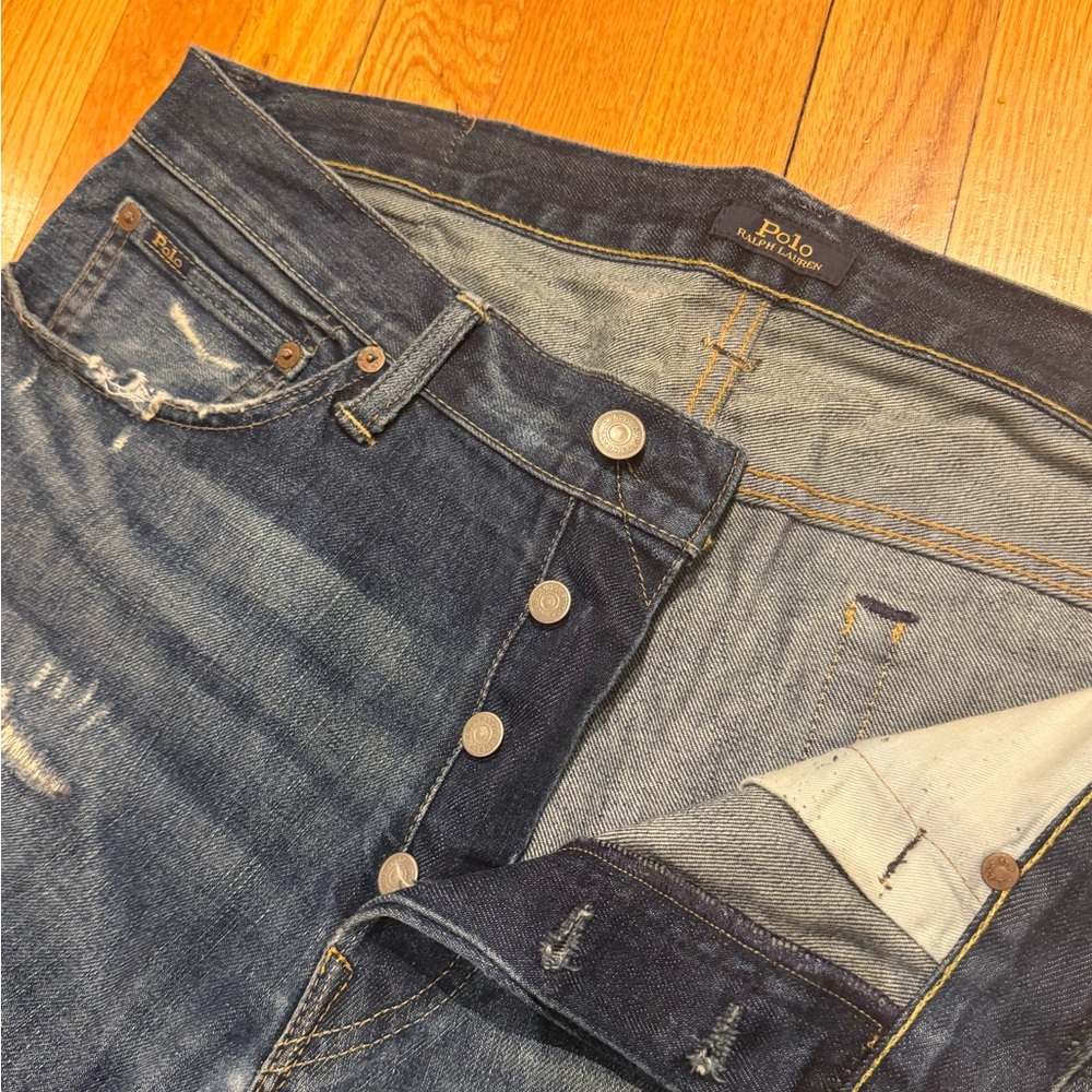 Polo by Ralph Lauren Men's Relaxed Fit Distressed Jeans - Dark Blue - Picture 5 of 7